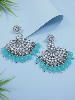 I Jewels - Ethnic Stylish Silver Oxidised Kundan Pearl Chandbali Earrings -E3106ZSb