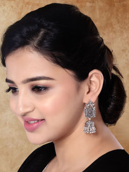I Jewels - Ethnic Silver Oxidised Afghani Style Trending Jhumka Earrings -E3136OX