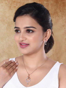 I Jewels - Rose Gold Plated American Diamond CZ Zircon Chain Pendant Necklace Set