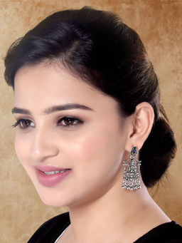 I Jewels - Navratri Ethnic Silver Oxidized Peacock Feather Drop Earrings
