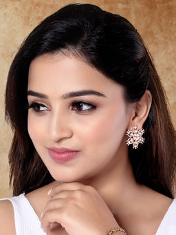 I Jewels - Stylish Latest Fashion Rose Gold Plated Cz American Diamond Stud Earrings White