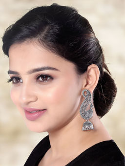 I Jewels - Oxidised Peacock Design Afghani Style Boho Jhumka Earrings