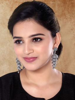 I Jewels - Ethnic Oxidised Multi Layered Peacock Design Jhumka Earring