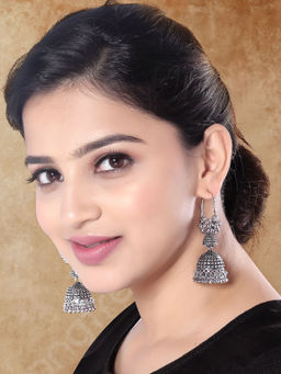 I Jewels - Ethnic Oxidised Afghani Style Boho Jhumka Earrings for Women