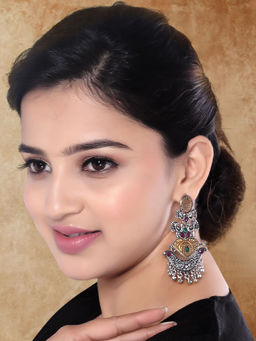 I Jewels - Ethnic Oxidised Peacock Statement Jhumka Earrings for Women