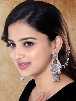 I Jewels - Silver Oxidised Stylish Jhumka Earrings for Women