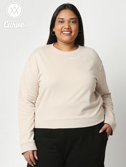 Twenty Dresses by Nykaa Fashion - Curve Beige Solid Crew Neck Basics Sweatshirt