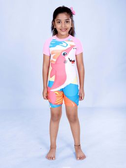KiddoPanti - Girls Half Sleeves Printed Swimwear Bodysuit Pink