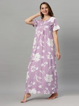 Quira - Womens Light Purple Nightdress Poly Cotton Printed Maxi Length