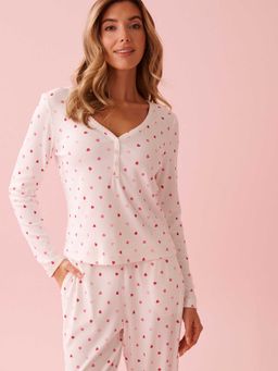 La Vie En Rose - Heart Print Pointelle Long Sleeve Top White