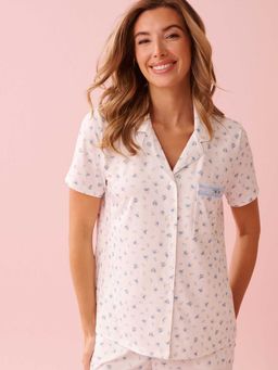 La Vie En Rose - Blue Rose Print Super Soft Button-Down Shirt