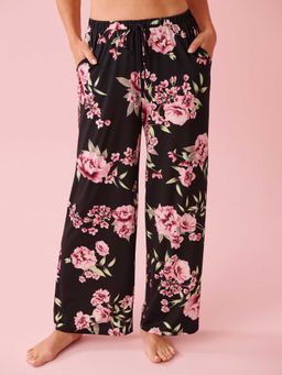 La Vie En Rose - Peony Print Recycled Fibers Pants Black