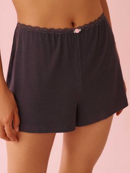 La Vie En Rose - Ribbed Modal And Lace Trim Shorts Grey