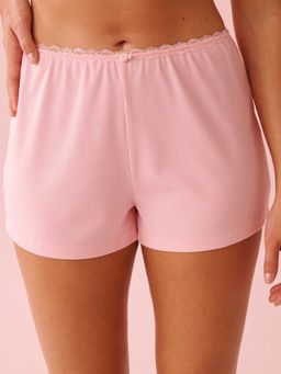 La Vie En Rose - Ribbed Modal And Lace Trim Shorts Pink
