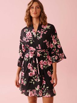 La Vie En Rose - Peony Print Recycled Fibers Mesh Trim Kimono With Belt
