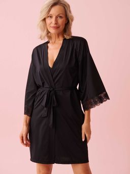 La Vie En Rose - Lace Trim Kimono With Belt Black