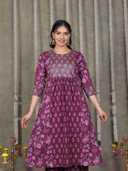 ARAMYA - Soft Cotton Panelled Floral Print Purple Kurta