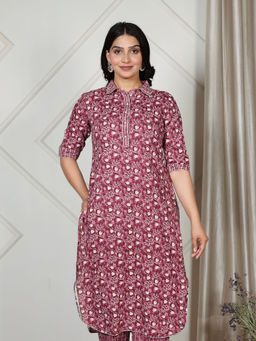 ARAMYA - Soft Cotton Pathani Floral Print Purple Kurta