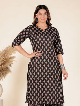ARAMYA - Soft Cotton Straight Floral Print Black Kurta