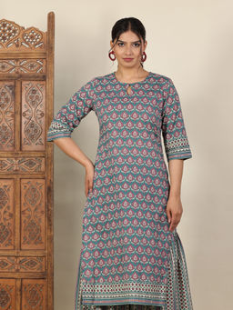 ARAMYA - Soft Cotton Straight Geometric Print Teal Kurta