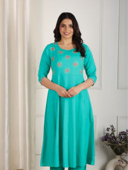 ARAMYA - Linen Cotton Anarkali Embroidered Green Kurta