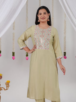 ARAMYA - Vertigan Straight Embroidered Green Kurta