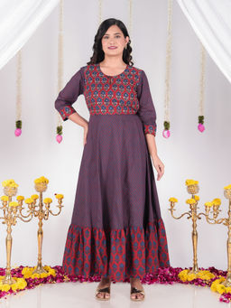 ARAMYA - Soft Cotton Anarkali Butti Print Purple Kurta