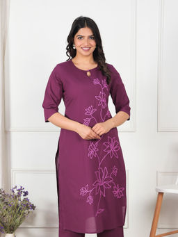 ARAMYA - Soft Cotton Straight Embroidered Purple Kurta
