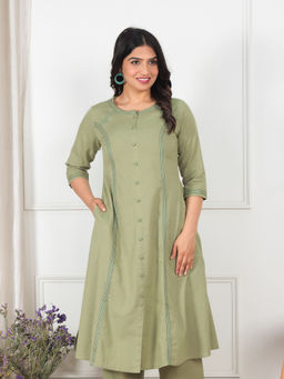 ARAMYA - Linen Cotton A-Line Solid Green Kurta