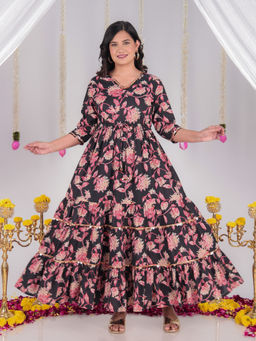 ARAMYA - Soft Cotton A-Line Floral Print Black Kurta