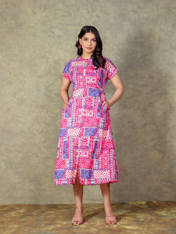 ARAMYA - Soft Cotton Patchwork Print Pink Kurta