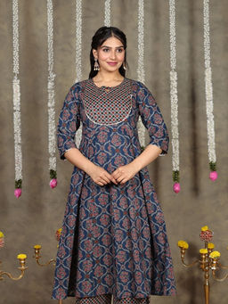 ARAMYA - Soft Cotton Anarkali Geometric Print Blue Kurta