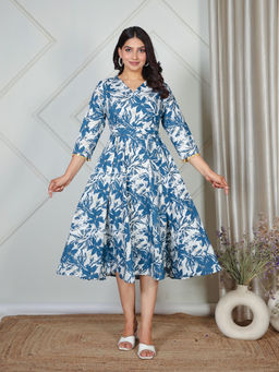 ARAMYA - Soft Cotton Floral Print Blue Kurta