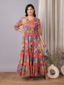 ARAMYA - Soft Cotton A-Line Patchwork Print Multi-Color Kurta