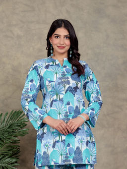 ARAMYA - Soft Cotton Printed Blue Kurta