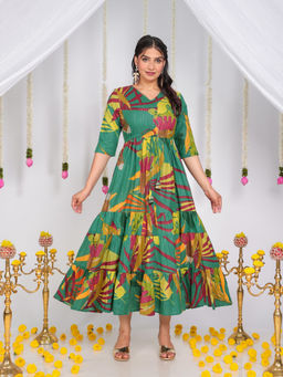 ARAMYA - Lurex Cotton A-Line Foliage Print Green Kurta