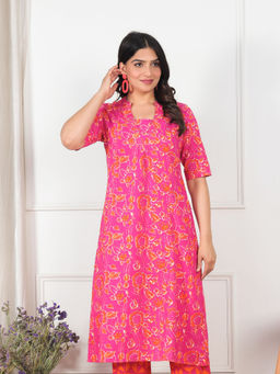 ARAMYA - Linen Cotton Flared Abstract Print Pink Kurta
