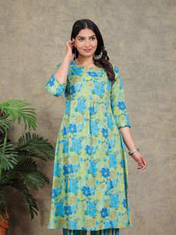 ARAMYA - Soft Cotton Panelled Floral Print Green Kurta
