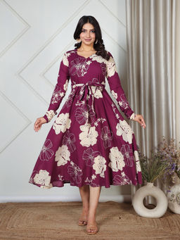 ARAMYA - Soft Cotton Placement Print Purple Kurta with Belt (Set of 2)