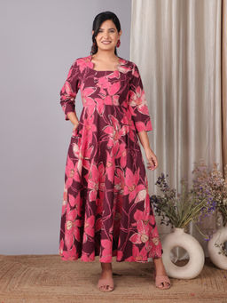 ARAMYA - Soft Cotton Floral Print Purple Kurta