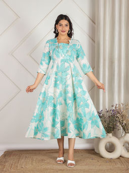 ARAMYA - Linen Cotton Floral Print Blue Kurta