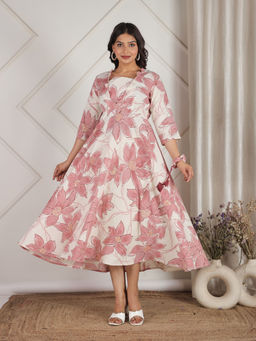 ARAMYA - Linen Cotton Floral Print Off White Kurta