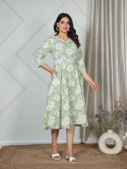 ARAMYA - Linen Cotton Angrakha Floral Print Green Kurta