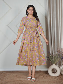 ARAMYA - Soft Cotton Floral Print Mustard Kurta