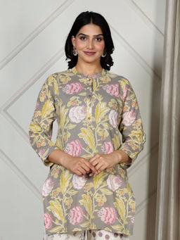 ARAMYA - Soft Cotton Straight Floral Print Grey Kurta