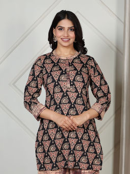ARAMYA - Soft Cotton Straight Geometric Print Black Kurta