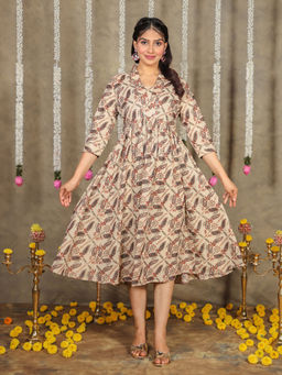 ARAMYA - Soft Cotton Foil Print Beige Kurta