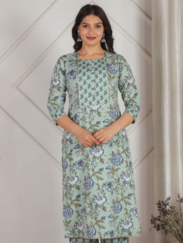 ARAMYA - Soft Cotton Straight Floral Print Green Kurta