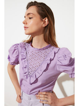 Trendyol - Lilac Puff Neck Bib Style Top