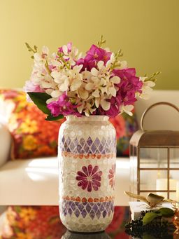 Pure Home + Living - Purple & Orange Floral Print Capiz Shell Vase